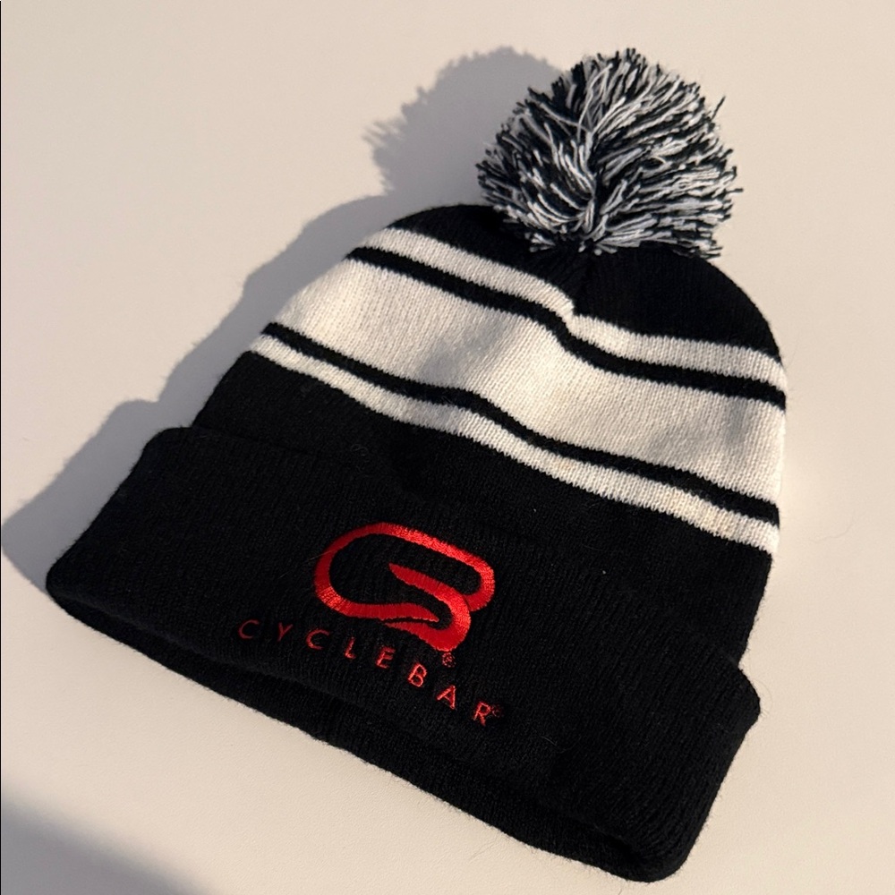 CycleBar Black and White pom Pom Beanie